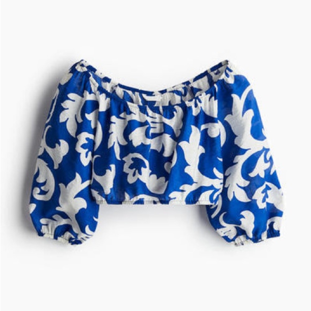 H&M Blue and White Floral Off-Shoulder Top